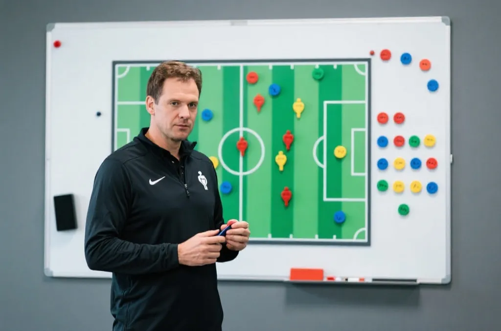 A tactical coach whiteboard showing a football field diagram with colorful magnetic player markers